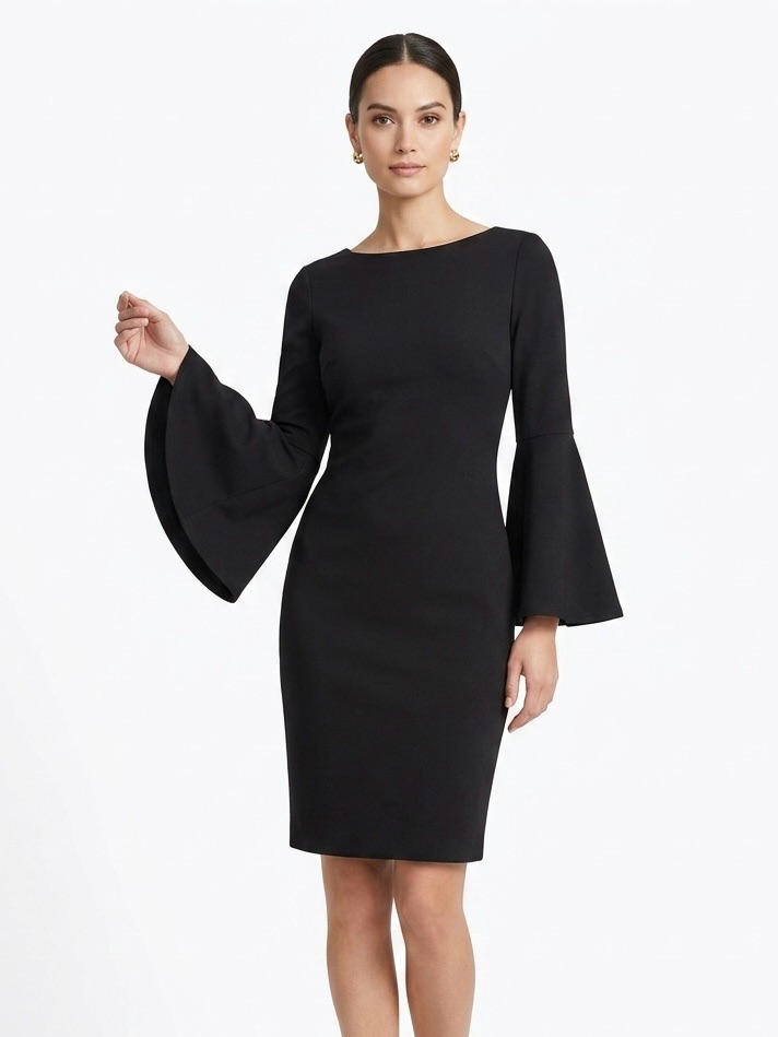 Calvin Klein, Black Bell-Sleeve Sheath Dress - S